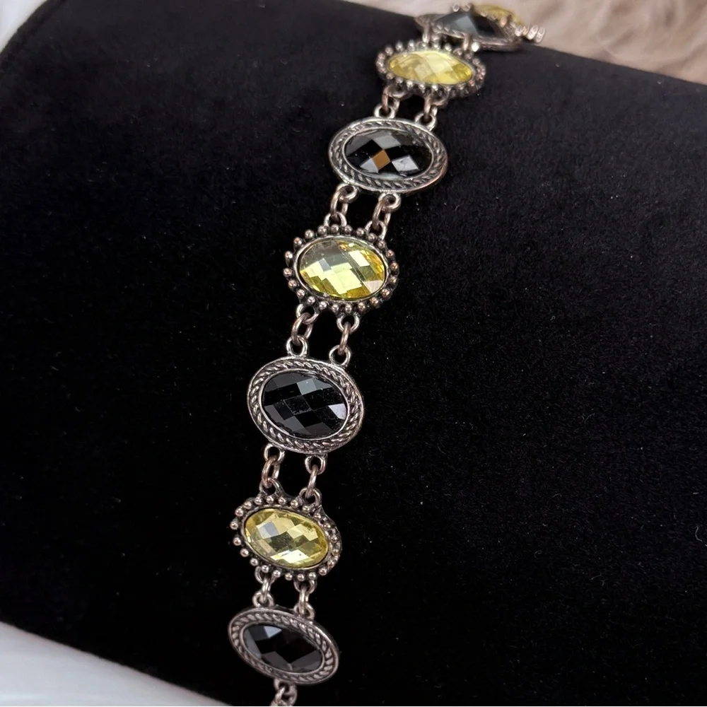 Vintage aged Silvertone Yellow Black Bling Accents Link Toggle Closure Bracelet